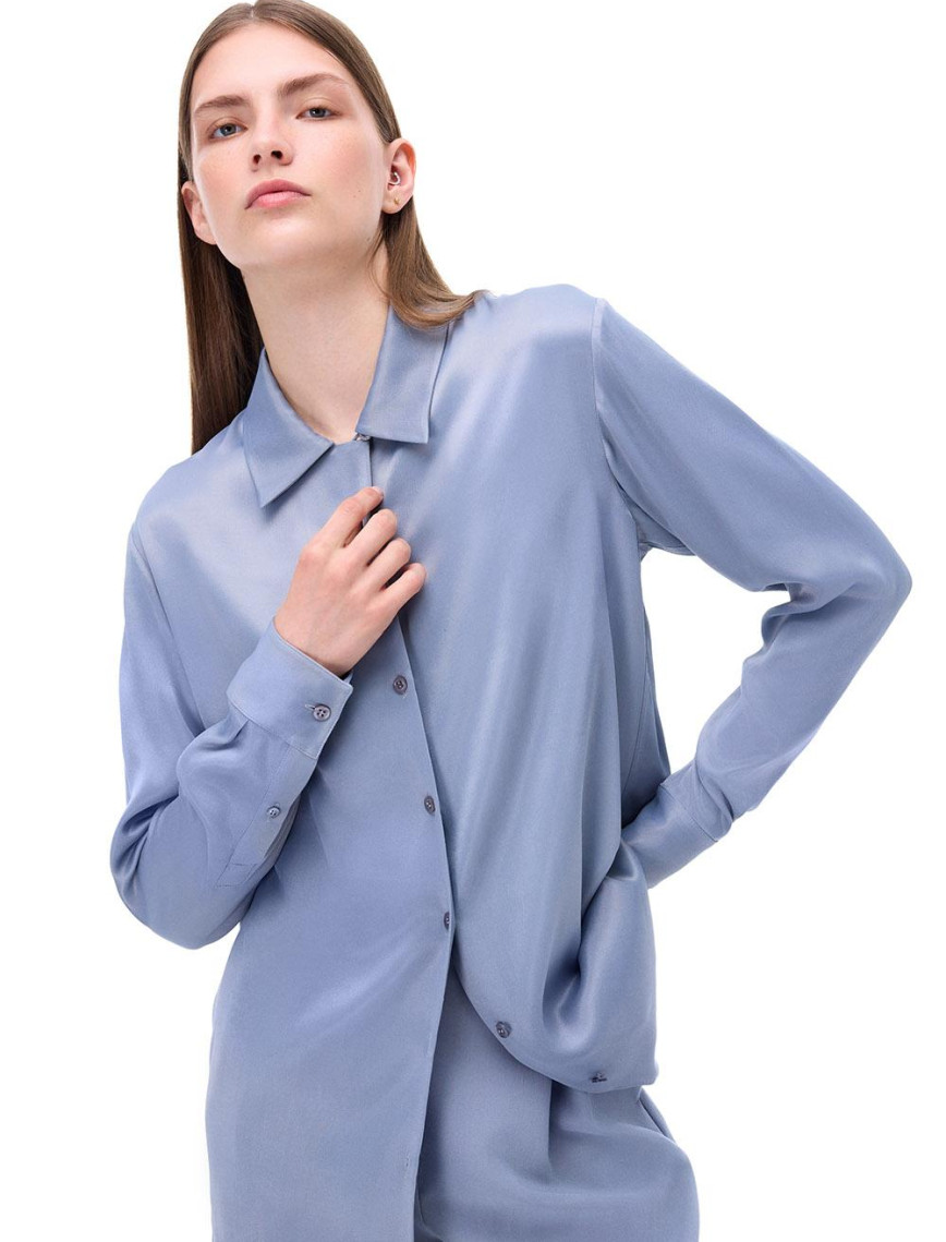 Safira Rahat Kalıp Standart Boy Takma Kol Gömlek Yaka Gri Gömlek