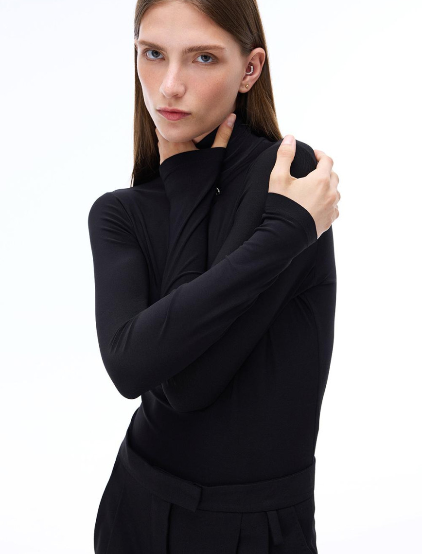 Triko Slim Fit Standart Boy Takma Kol Balıkçı Yaka Siyah Kazak