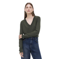 Triko Rahat Kalıp Standart Boy Takma Kol V-Yaka Hakı Kazak