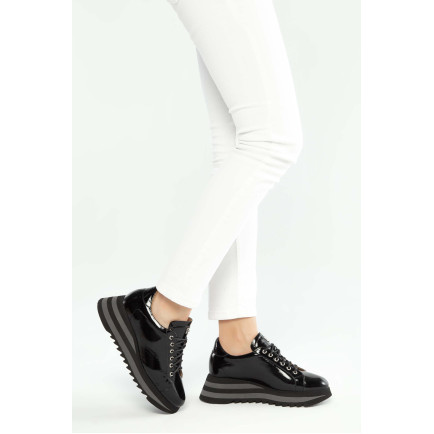 Tamer Tanca Kadın Hakiki Deri Siyah Rugan Sneakers & Spor Ayakkabı