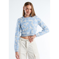Kadın Açık Mavi %100 Koton At Desenli Crop Kazak Kadın Açık Mavi %100 Koton At Desenli Crop Kazak