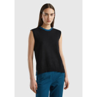 Kadın Siyah Viskoz Karışımlı Yanları Yırtmaçlı Kolsuz Kazak