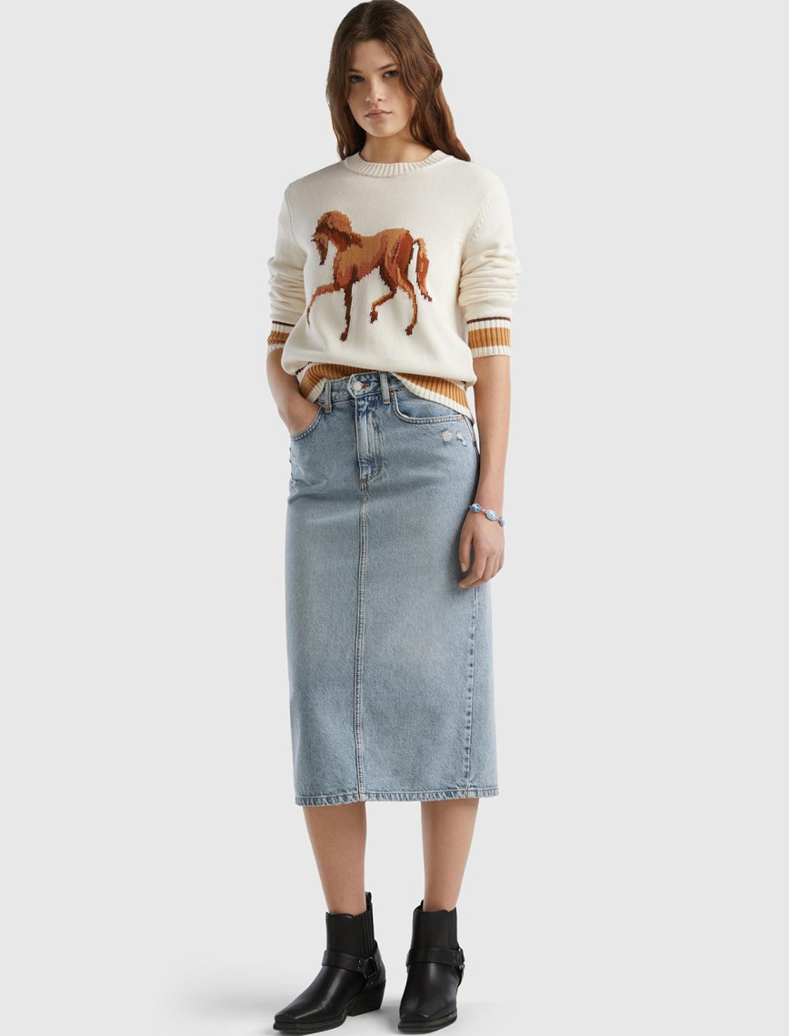 Kadın Krem %100 Pamuk Kontrast At Baskılı Bisiklet Yaka Kazak