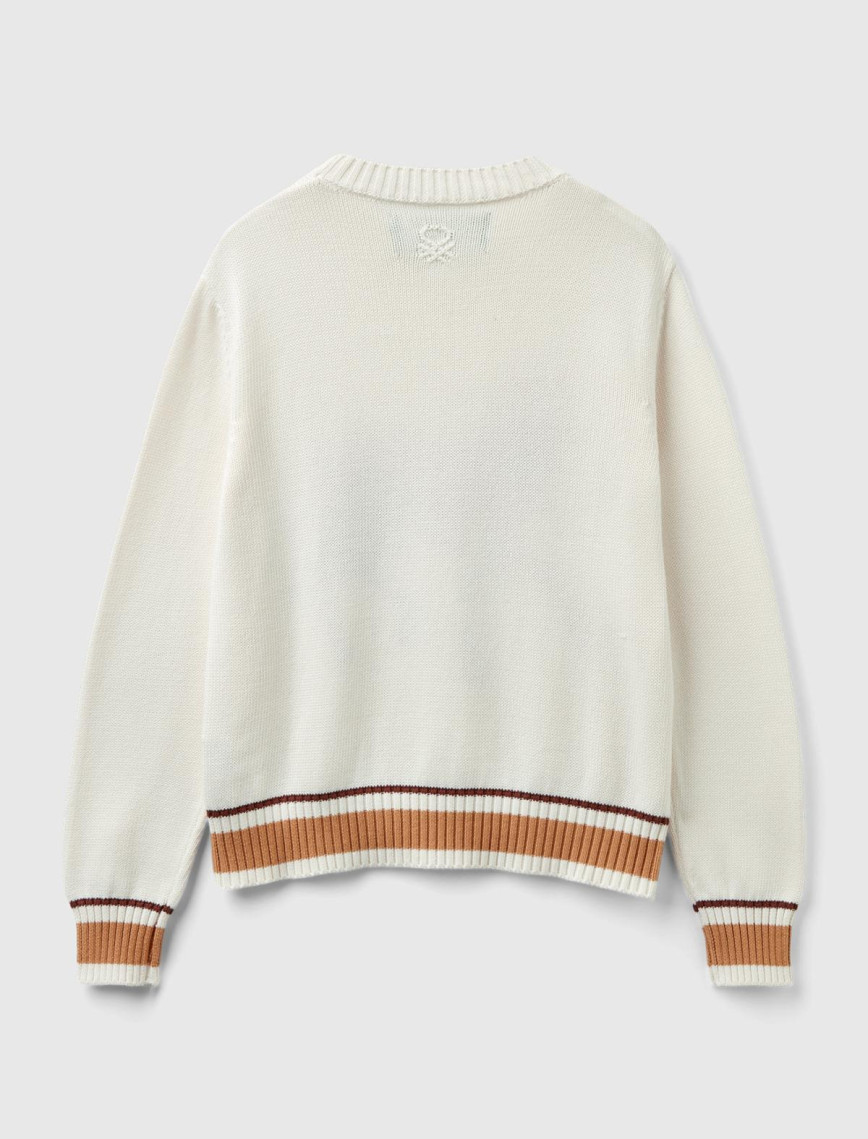 Kadın Krem %100 Pamuk Kontrast At Baskılı Bisiklet Yaka Kazak