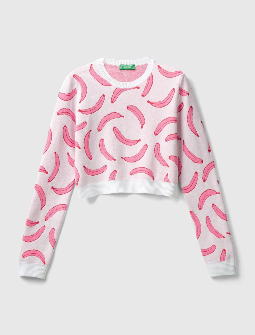 Kadın Beyaz Pamuk Karışımlı Tamamı 3D Muz Desenli Bisiklet Yaka Kazak Kadın Beyaz Pamuk Karışımlı Tamamı 3D Muz Desenli Bisiklet Yaka Kazak