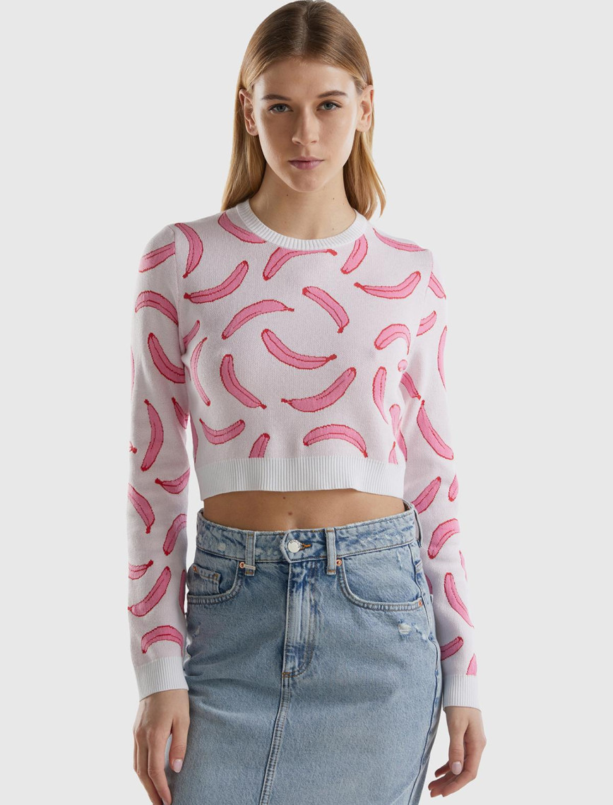 Kadın Beyaz Pamuk Karışımlı Tamamı 3D Muz Desenli Bisiklet Yaka Kazak Kadın Beyaz Pamuk Karışımlı Tamamı 3D Muz Desenli Bisiklet Yaka Kazak