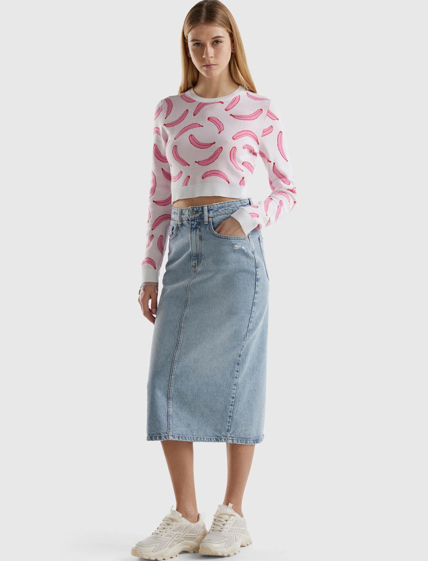 Kadın Beyaz Pamuk Karışımlı Tamamı 3D Muz Desenli Bisiklet Yaka Kazak Kadın Beyaz Pamuk Karışımlı Tamamı 3D Muz Desenli Bisiklet Yaka Kazak