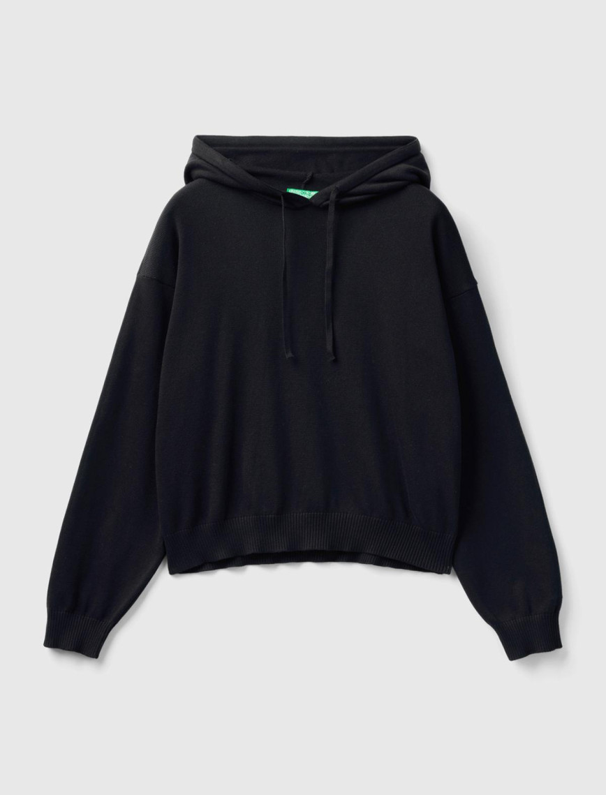 Kadın Siyah %100 Pamuk Kapüşonlu Büzgülü Crop Basic Triko Sweatshirt Kadın Siyah %100 Pamuk Kapüşonlu Büzgülü Crop Basic Triko Sweatshirt