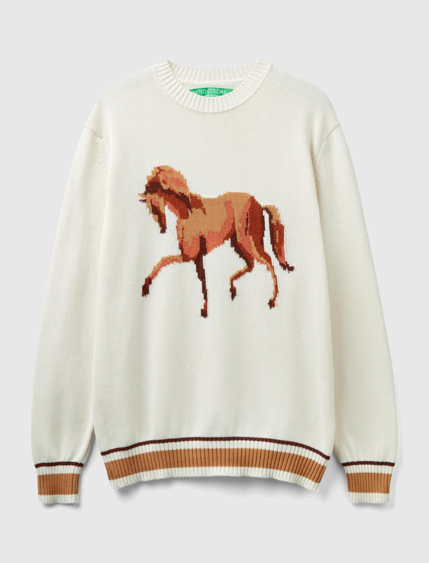 Erkek Krem %100 Pamuk At Desenli Bisiklet Yaka Kazak Erkek Krem %100 Pamuk At Desenli Bisiklet Yaka Kazak