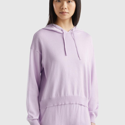 Kadın Lila %100 Pamuk Kapüşonlu Büzgülü Crop Basic Triko Sweatshirt