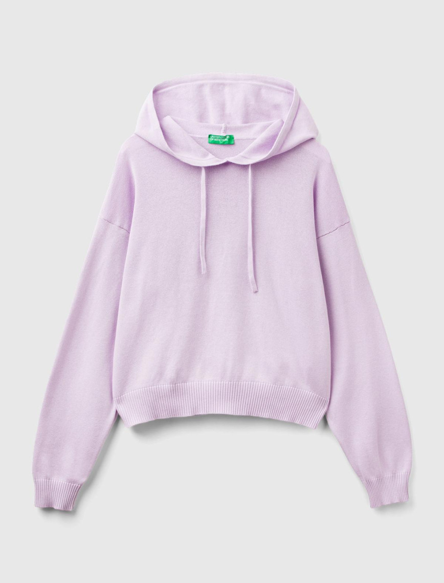 Kadın Lila %100 Pamuk Kapüşonlu Büzgülü Crop Basic Triko Sweatshirt