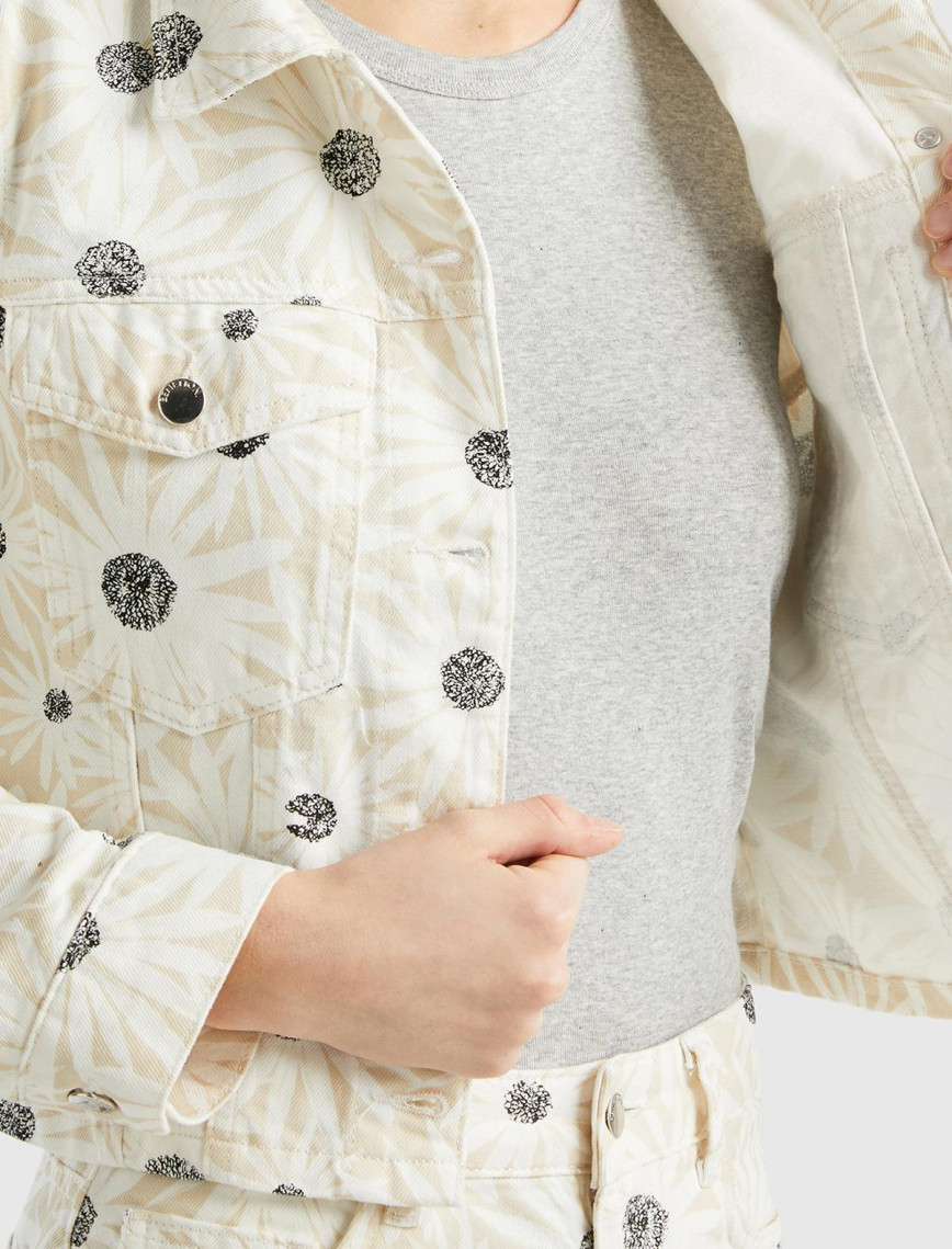 Kadın Krem Çiçek Desenli Denim Ceket Kadın Krem Çiçek Desenli Denim Ceket