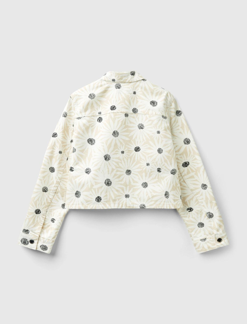 Kadın Krem Çiçek Desenli Denim Ceket Kadın Krem Çiçek Desenli Denim Ceket