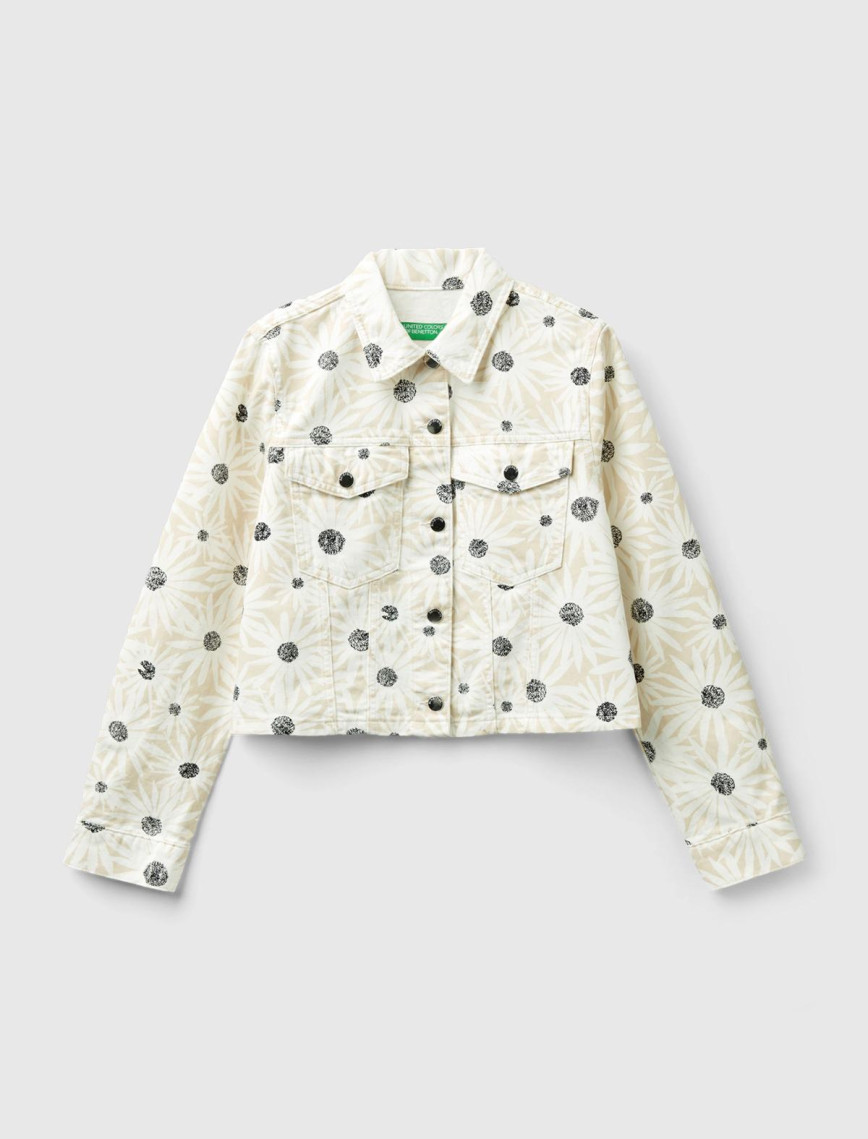 Kadın Krem Çiçek Desenli Denim Ceket Kadın Krem Çiçek Desenli Denim Ceket