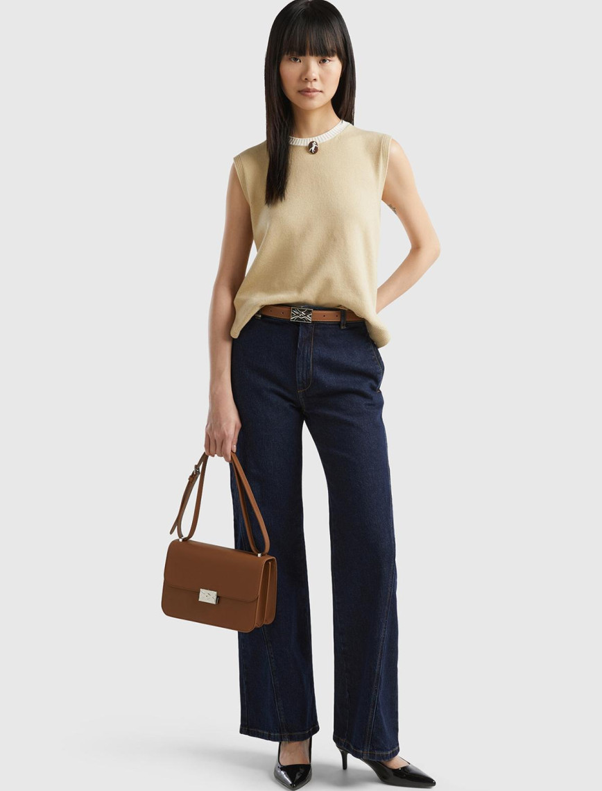 Kadın Lacivert Denim Pamuk Karışımlı Yüksek Bel Geniş Paça Denim Pantolon Kadın Lacivert Denim Pamuk Karışımlı Yüksek Bel Geniş Paça Denim Pantolon