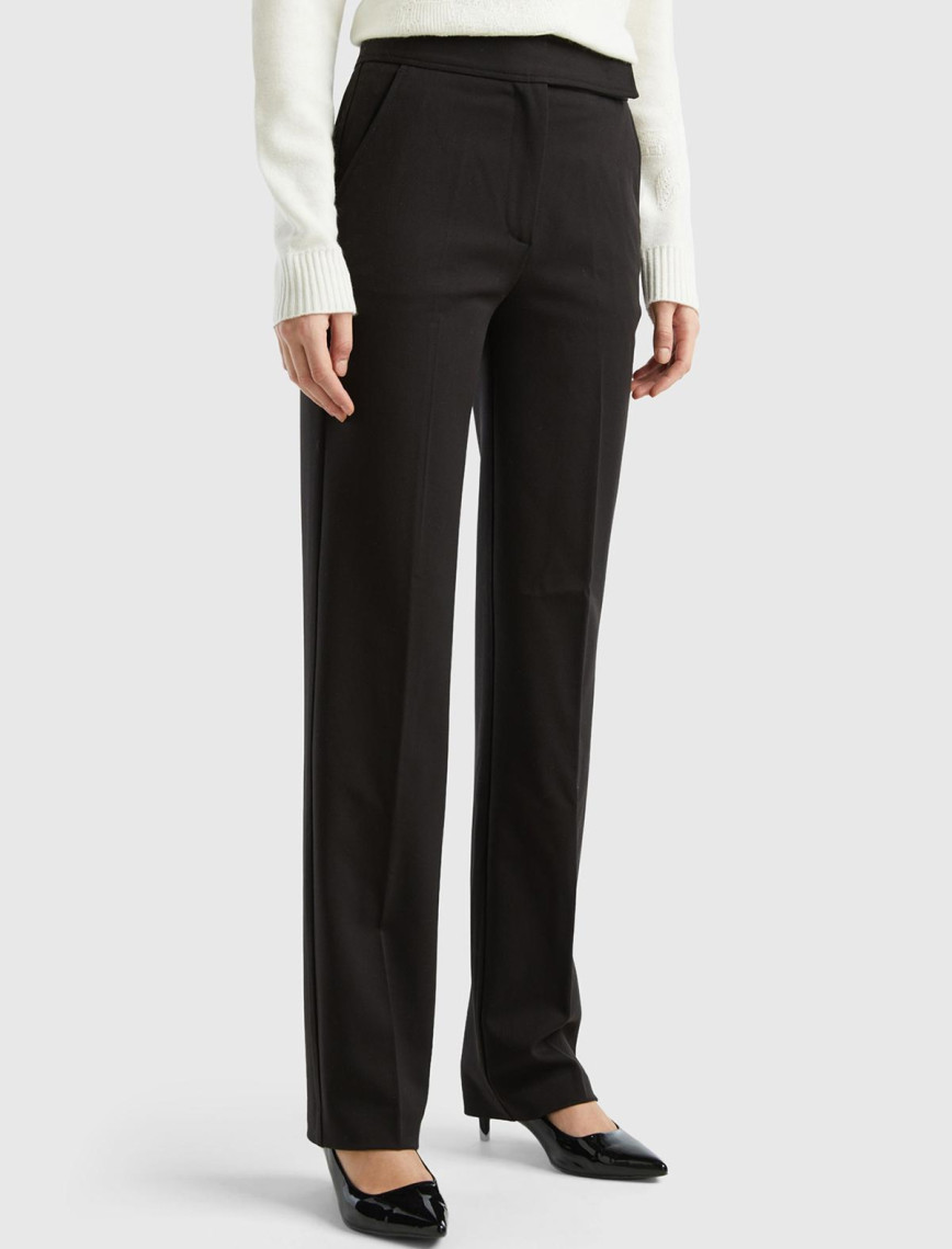 Kadın Siyah Viskoz Karışımlı Beli Kalın Bantlı Cepli Pantolon