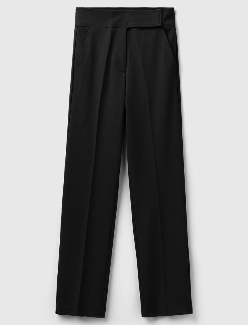 Kadın Siyah Viskoz Karışımlı Beli Kalın Bantlı Cepli Pantolon