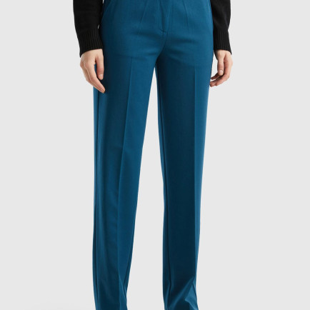 Kadın Petrol Mavisi Viskoz Karışımlı Beli Kalın Bantlı Cepli Pantolon