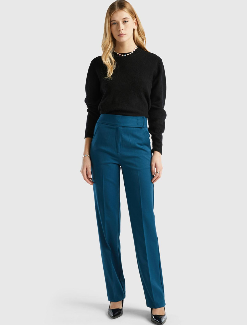 Kadın Petrol Mavisi Viskoz Karışımlı Beli Kalın Bantlı Cepli Pantolon