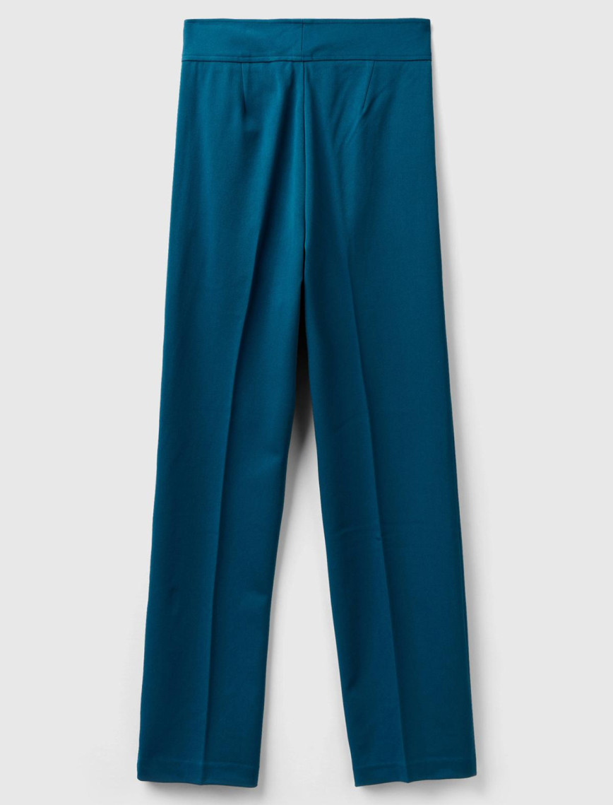 Kadın Petrol Mavisi Viskoz Karışımlı Beli Kalın Bantlı Cepli Pantolon