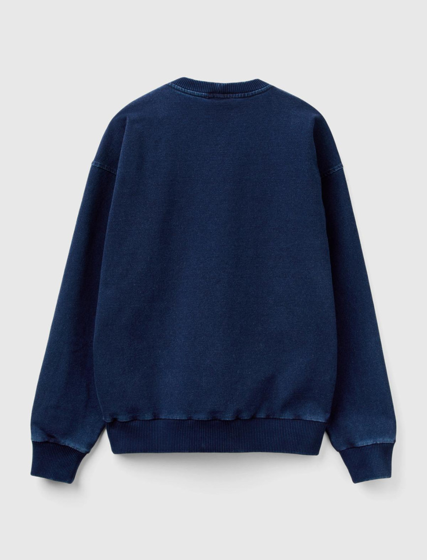 Erkek İndigo Koton Karışımlı Indigo Efekt Slogan Baskılı Sweatshirt Erkek İndigo Koton Karışımlı Indigo Efekt Slogan Baskılı Sweatshirt