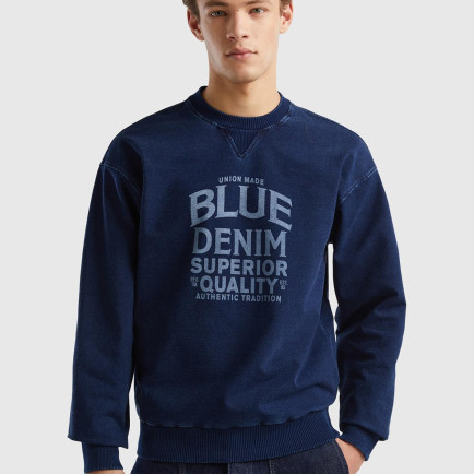 Erkek İndigo Koton Karışımlı Indigo Efekt Slogan Baskılı Sweatshirt Erkek İndigo Koton Karışımlı Indigo Efekt Slogan Baskılı Sweatshirt