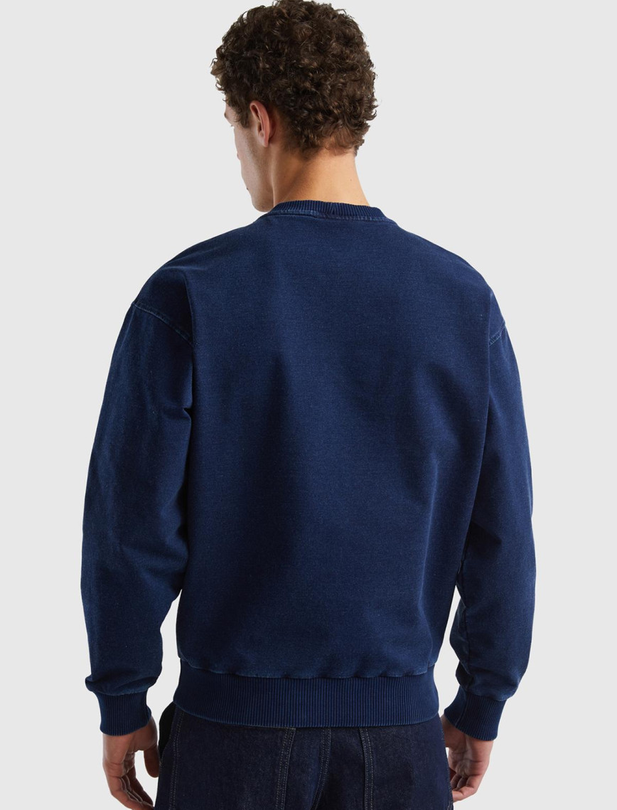 Erkek İndigo Koton Karışımlı Indigo Efekt Slogan Baskılı Sweatshirt Erkek İndigo Koton Karışımlı Indigo Efekt Slogan Baskılı Sweatshirt