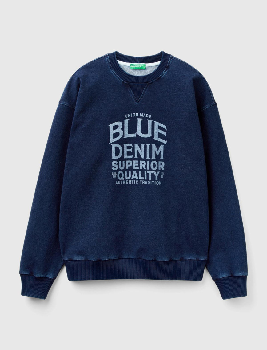 Erkek İndigo Koton Karışımlı Indigo Efekt Slogan Baskılı Sweatshirt Erkek İndigo Koton Karışımlı Indigo Efekt Slogan Baskılı Sweatshirt