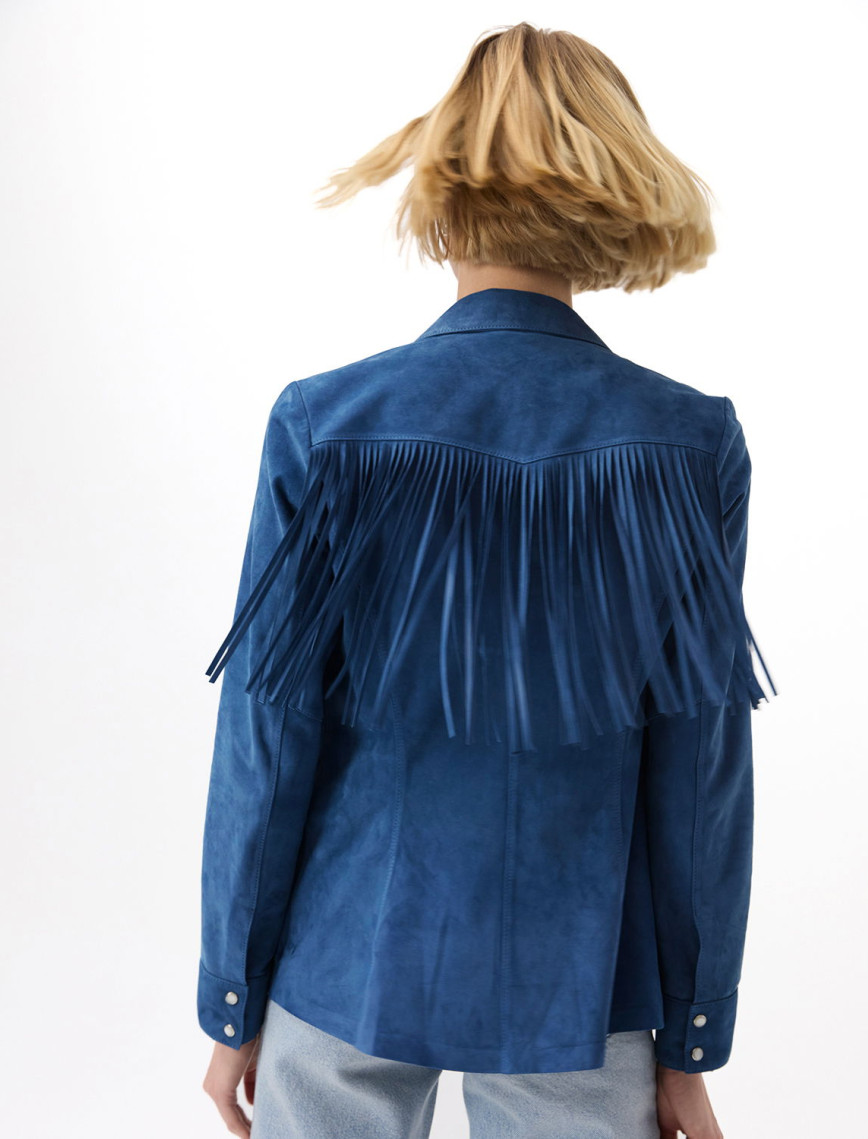 Breahne Mavi Kadın Püsküllü Western Süet Deri Gömlek Breahne Mavi Kadın Püsküllü Western Süet Deri Gömlek
