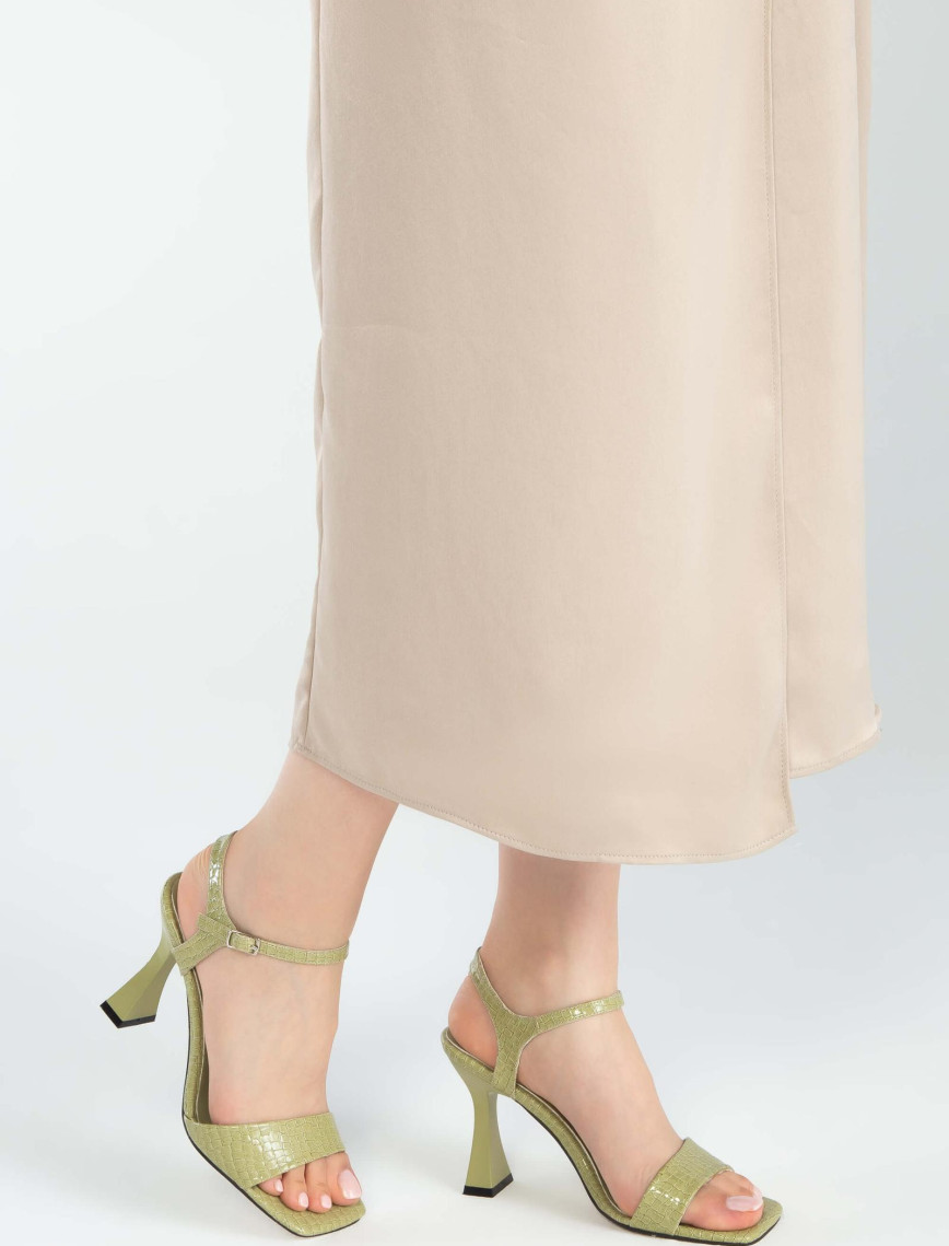 Tamer Tanca Kadın Vegan Yeşil Kroko Rugan Topuklu Sandalet