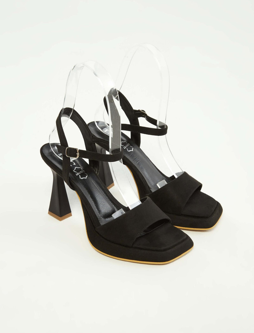 Tamer Tanca Kadın Hakiki Deri Siyah Süet Topuklu Sandalet