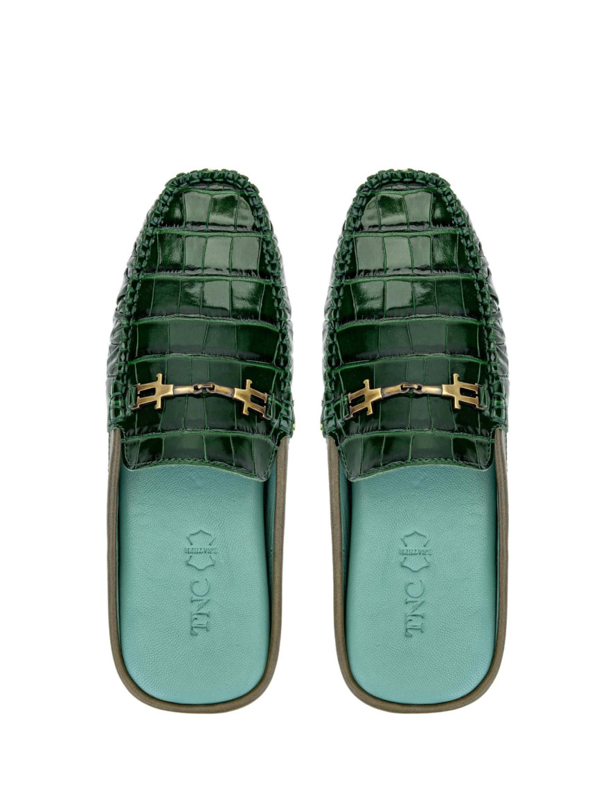 Tamer Tanca Erkek Hakiki Deri Yeşil Kroko Terlik
