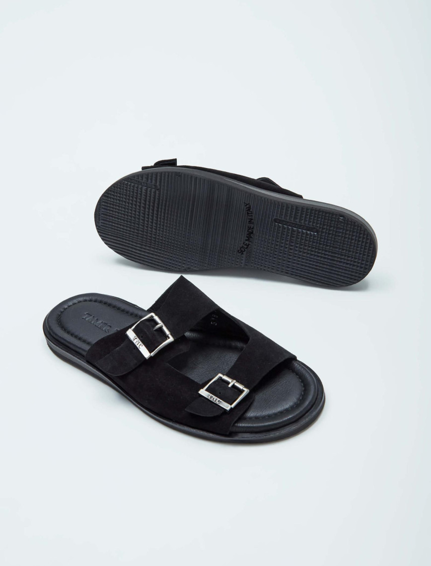 Tamer Tanca Erkek Hakiki Deri Siyah Süet Düz Terlik