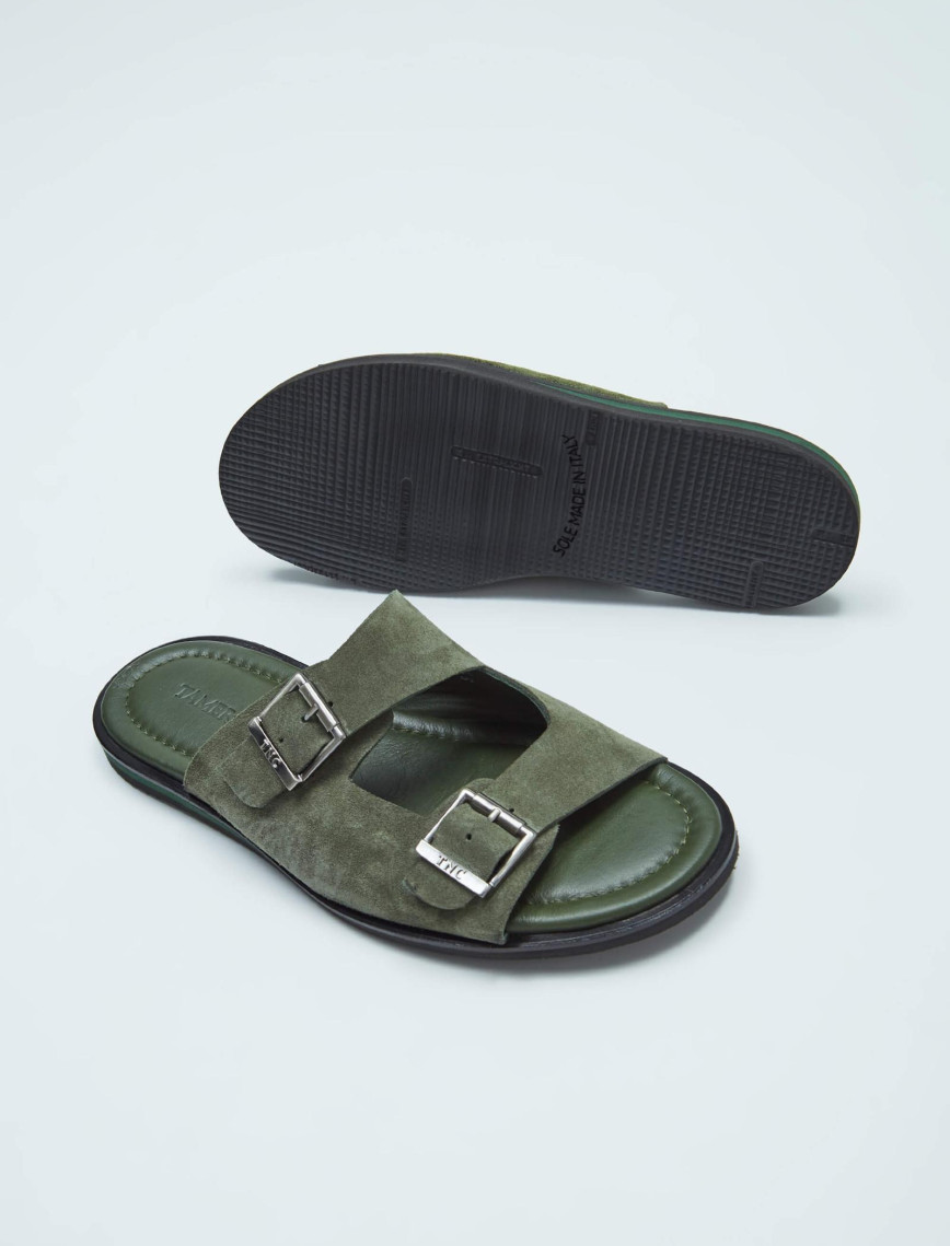 Tamer Tanca Erkek Hakiki Deri Yeşil Düz Terlik