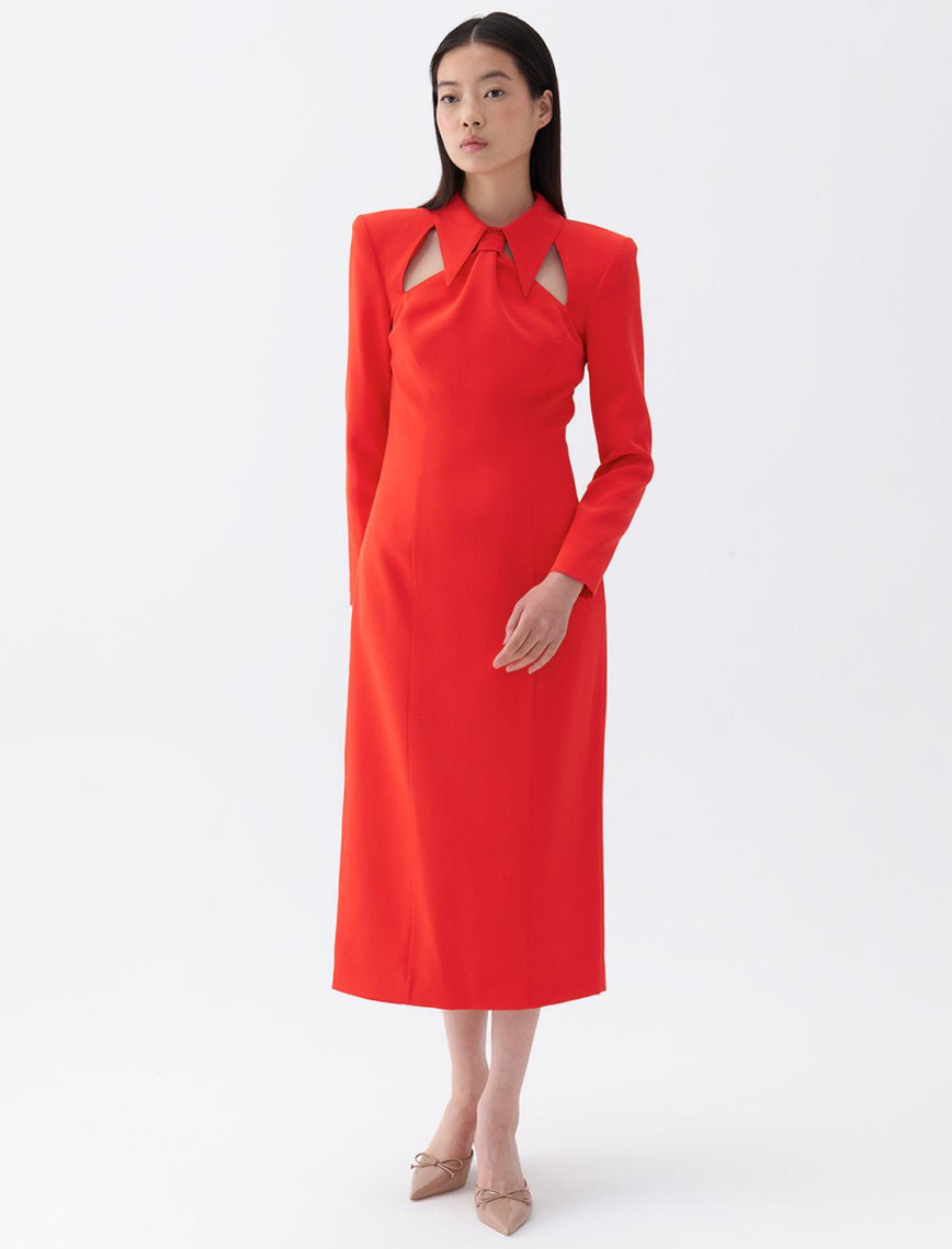 Vatkalı Kravat Yaka Midi Elbise Vatkalı Kravat Yaka Midi Elbise