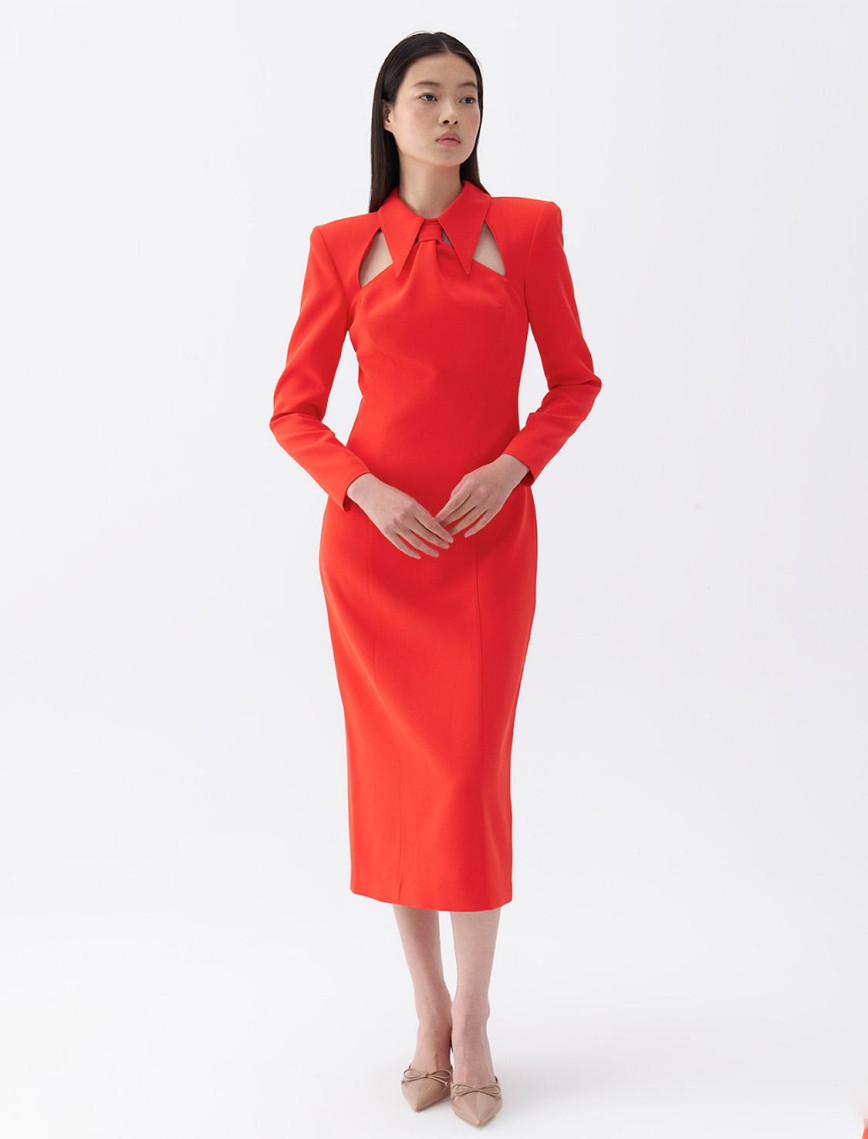 Vatkalı Kravat Yaka Midi Elbise Vatkalı Kravat Yaka Midi Elbise