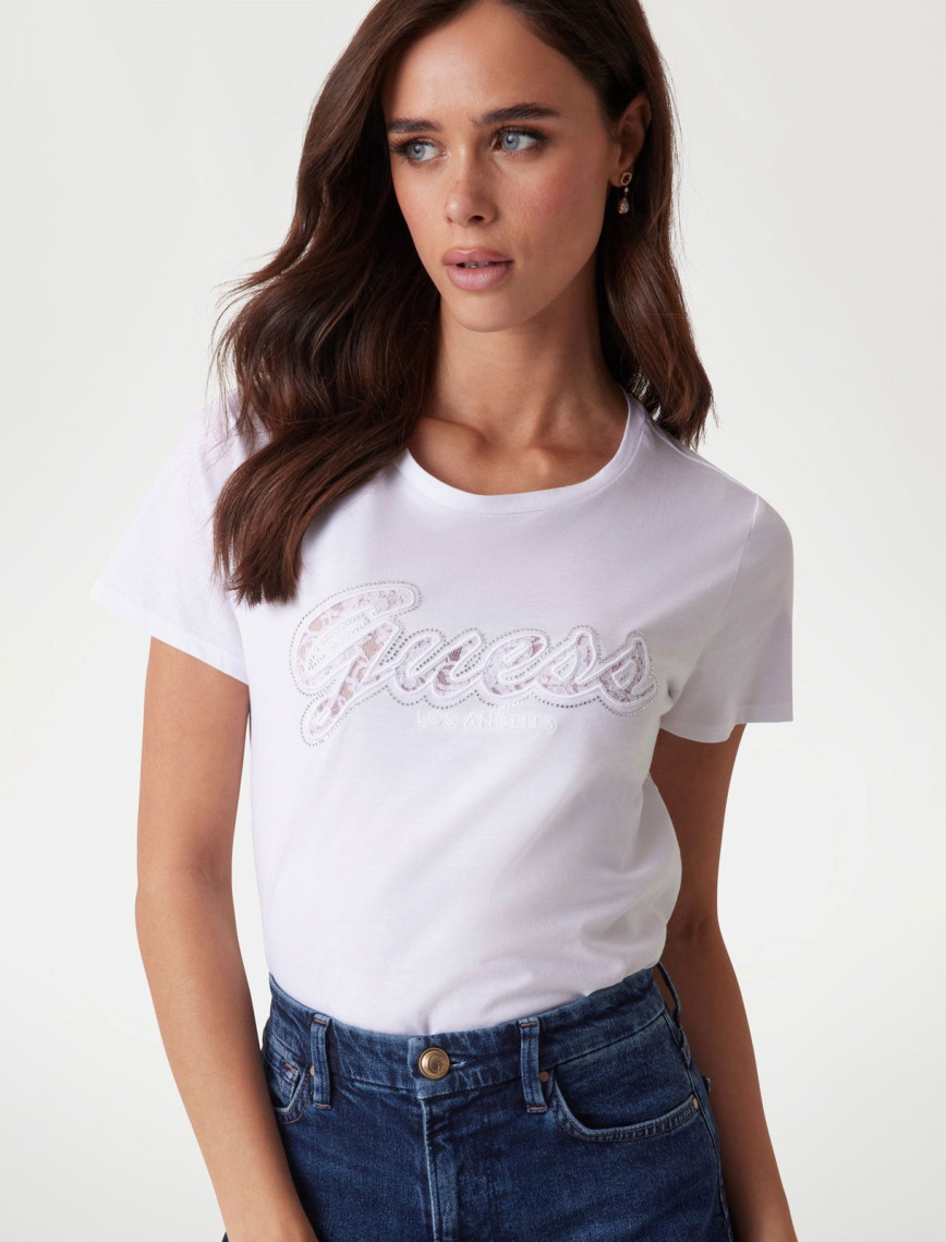 Guess Script Lace Logo Org Single 140 Kadın Beyaz T-Shirt Guess Script Lace Logo Org Single 140 Kadın Beyaz T-Shirt