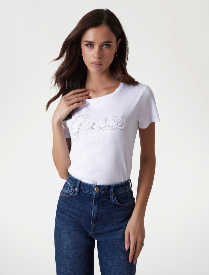 Guess Script Lace Logo Org Single 140 Kadın Beyaz T-Shirt Guess Script Lace Logo Org Single 140 Kadın Beyaz T-Shirt
