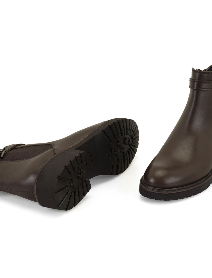 Kadın Kemer Aksesuarlı Kahve Lastikli Deri Chelsea Bot Kadın Kemer Aksesuarlı Kahve Lastikli Deri Chelsea Bot