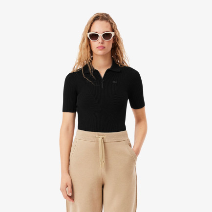 Lacoste Kadın Slim Fit Kısa Kollu Yarım Fermuarlı Siyah Triko Lacoste Kadın Slim Fit Kısa Kollu Yarım Fermuarlı Siyah Triko