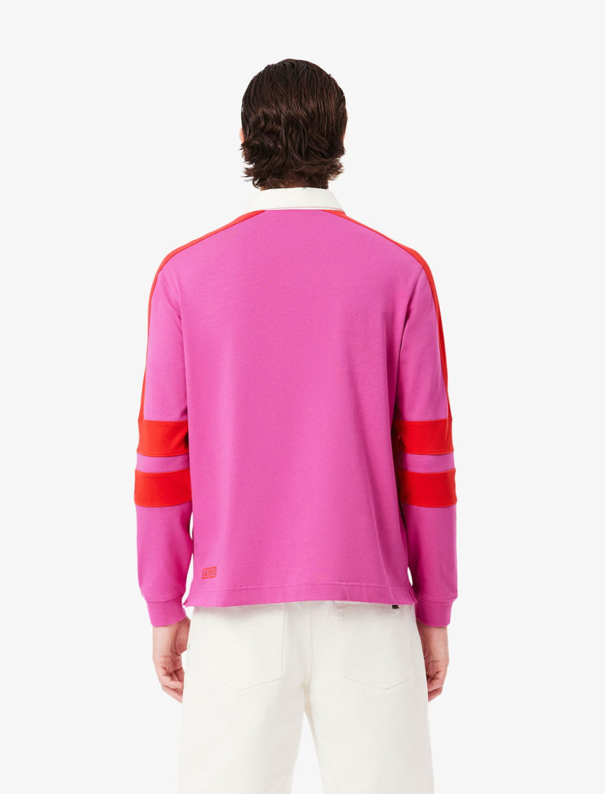 Lacoste Erkek Classic Fit Uzun Kollu Polo Yaka Renk Bloklu Pembe Rugby Polo