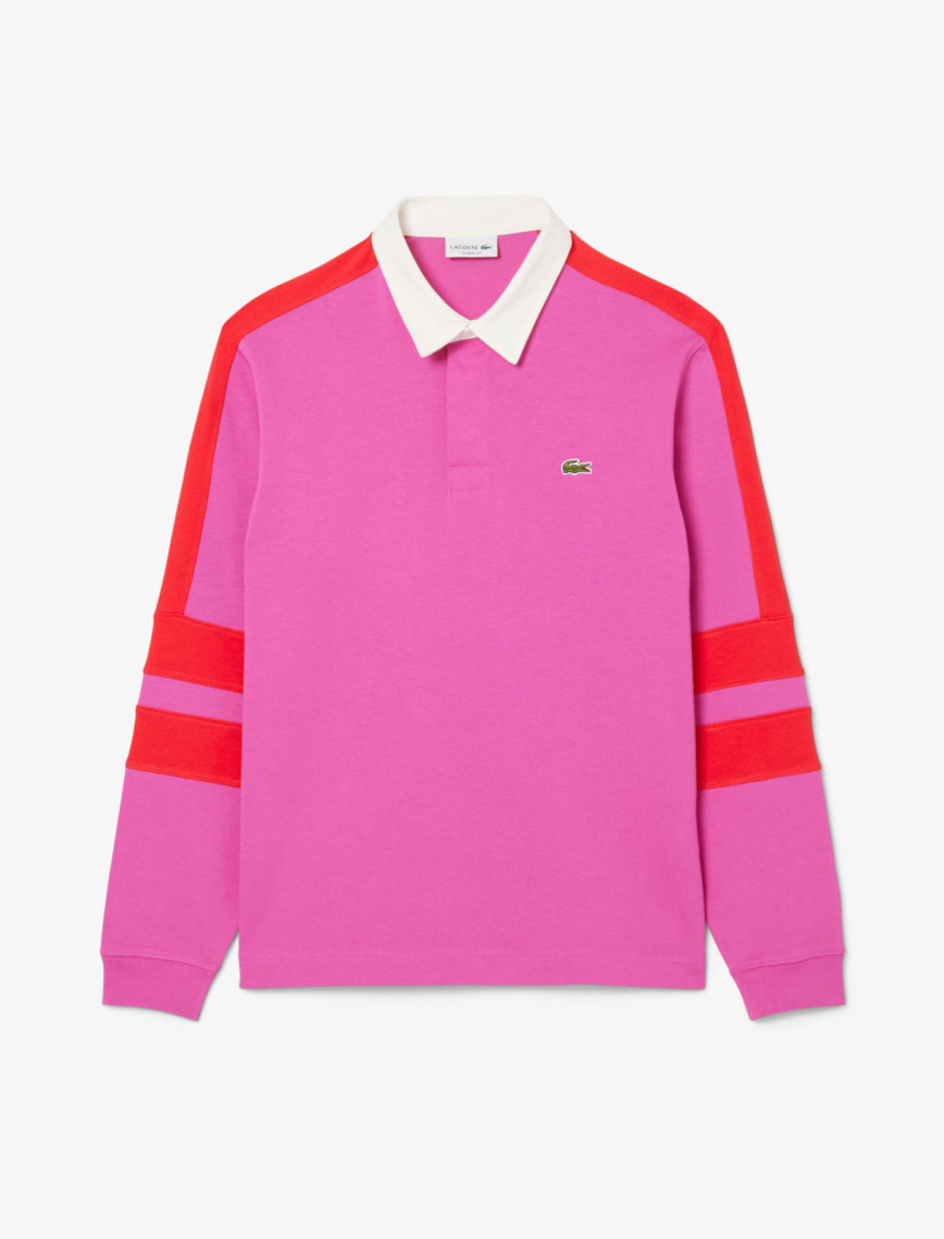 Lacoste Erkek Classic Fit Uzun Kollu Polo Yaka Renk Bloklu Pembe Rugby Polo