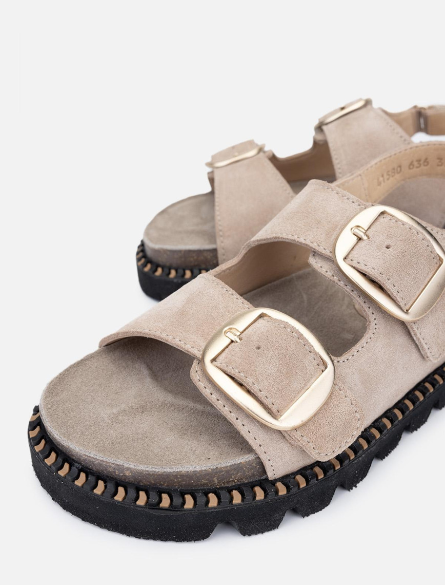 Valmenti Dabih Kadın Bej Süet Hakiki Deri DUZ SANDALET