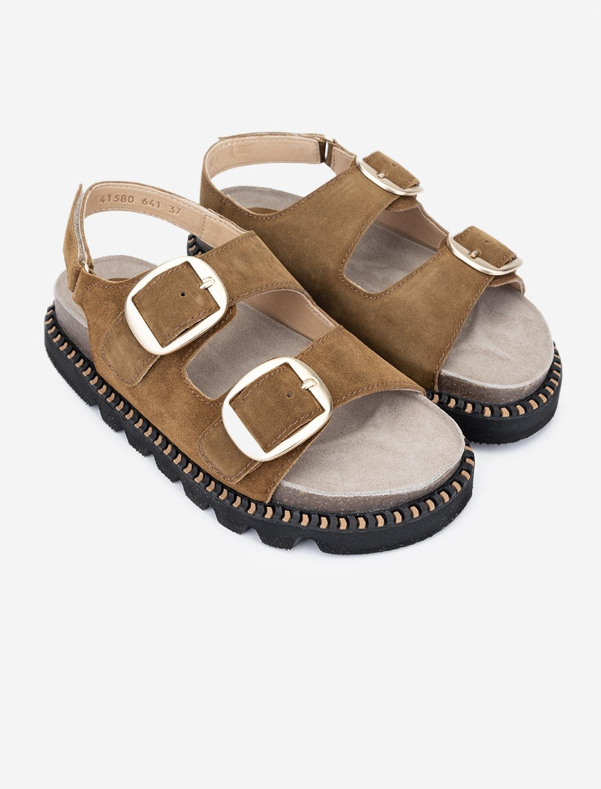 Valmenti Dabih Kadın Tütün Süet Hakiki Deri DUZ SANDALET