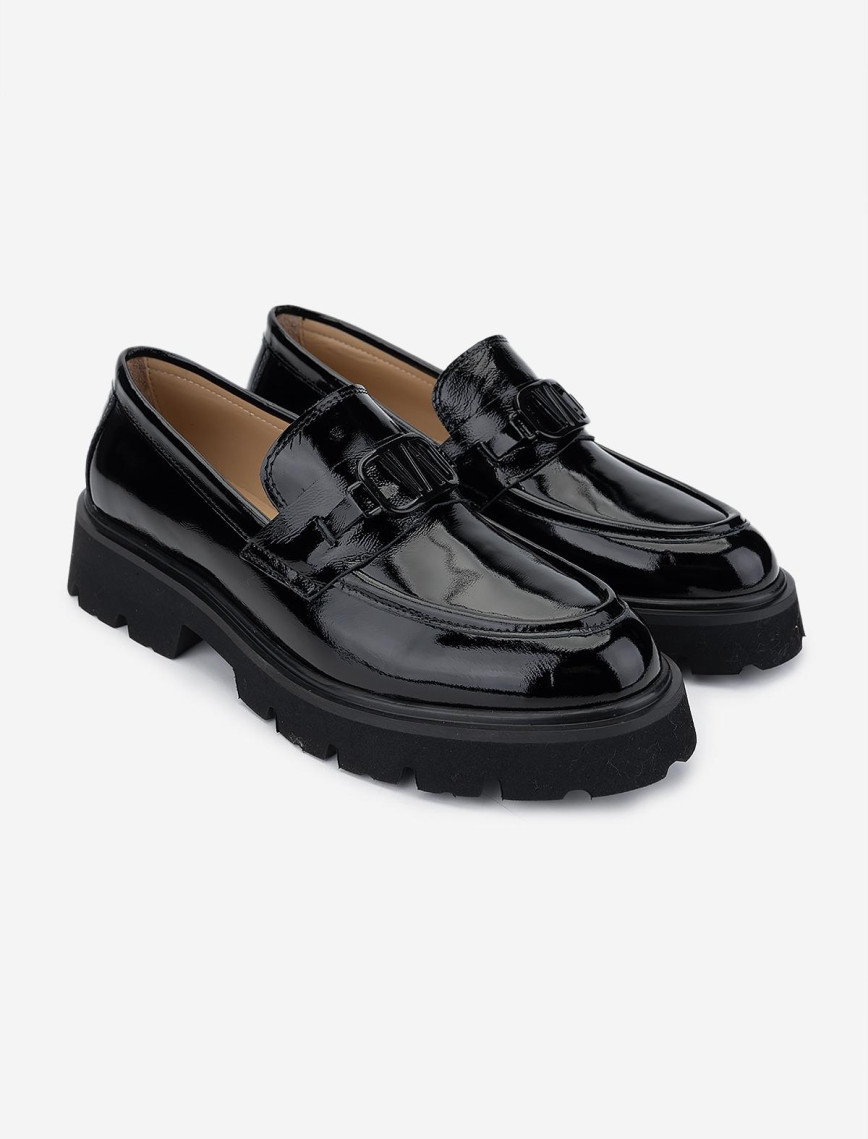 Valmenti Kadın Hakiki Deri Siyah Rugan Loafer Ayakkabı