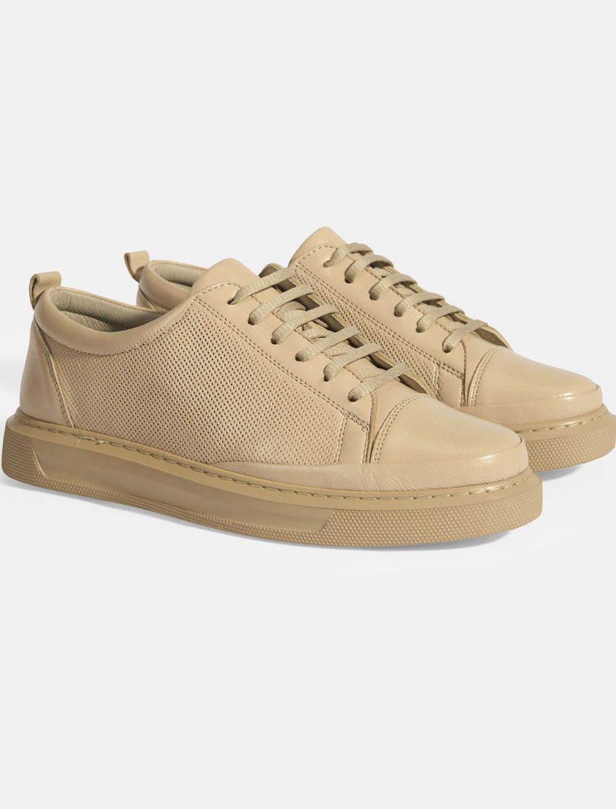 Kadın Bej Deri Bağcıklı Spor Ayakkabı