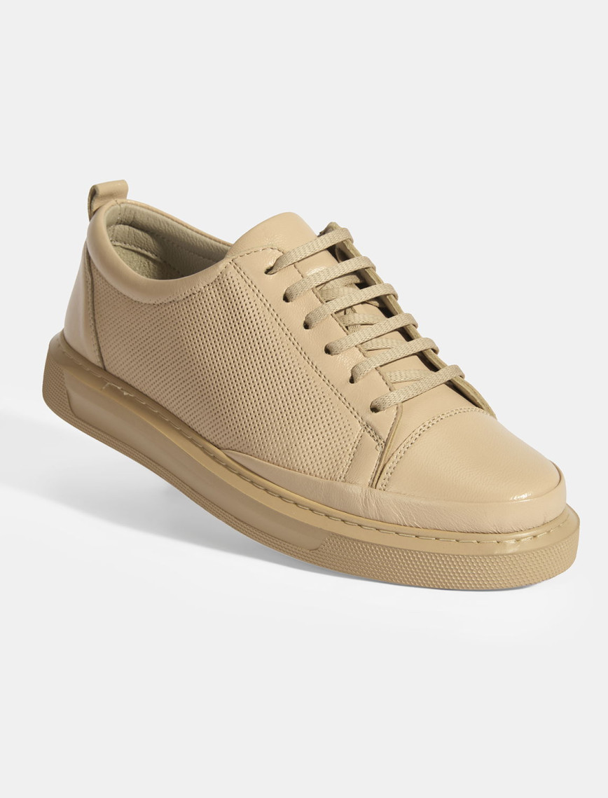 Kadın Bej Deri Bağcıklı Spor Ayakkabı