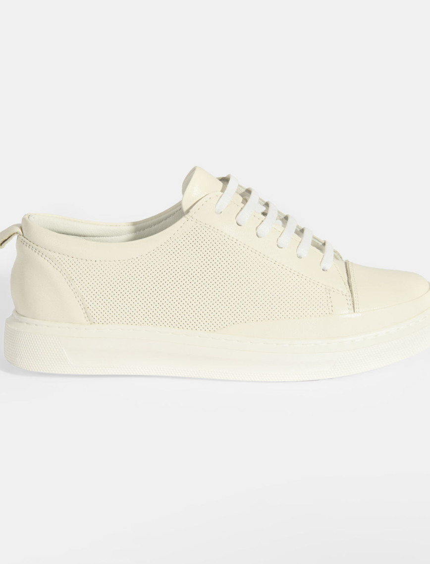 Kadın Bej Deri Bağcıklı Spor Ayakkabı