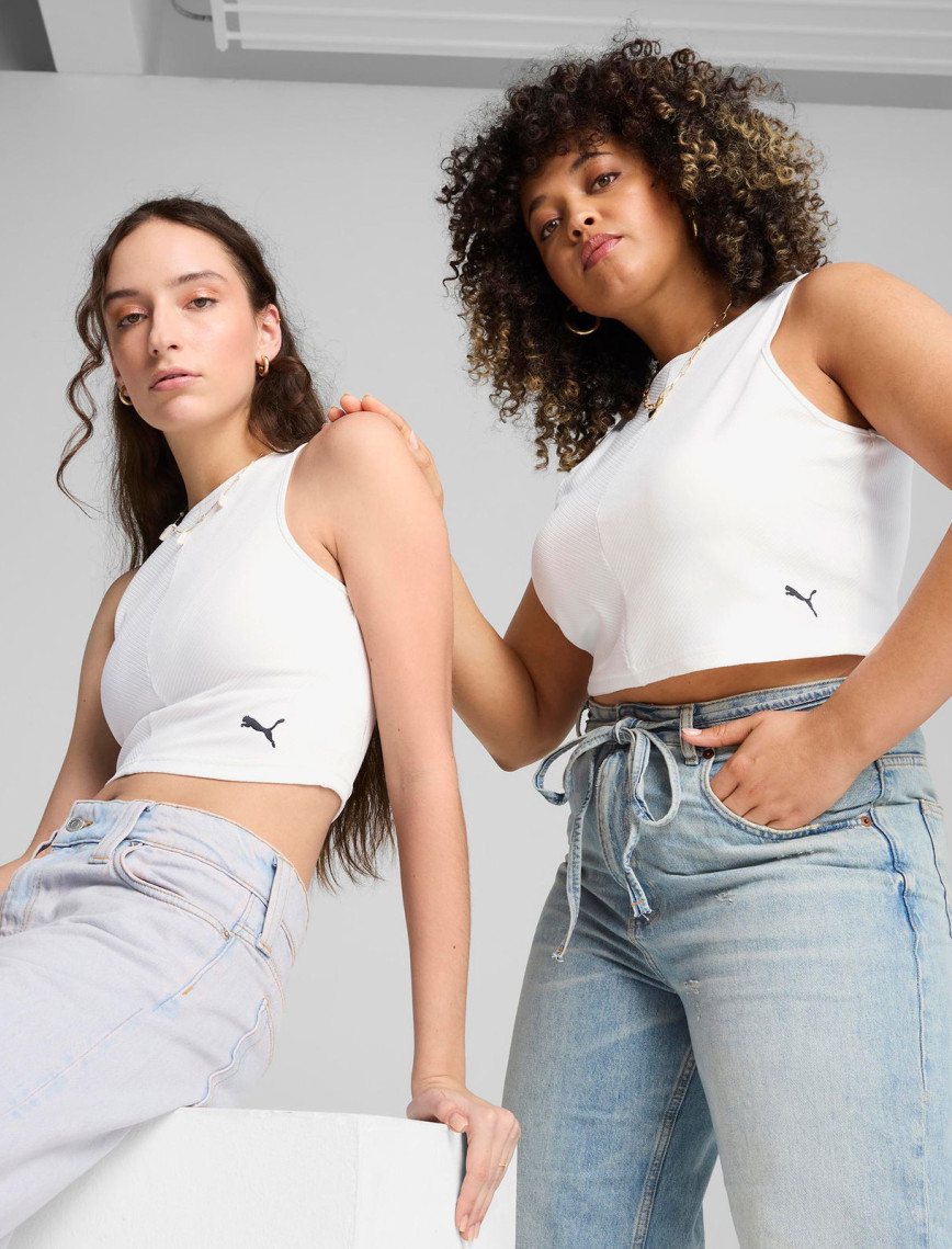 Puma Wardrobe Essentials Ribbed Crop Top Kadın Beyaz Atlet