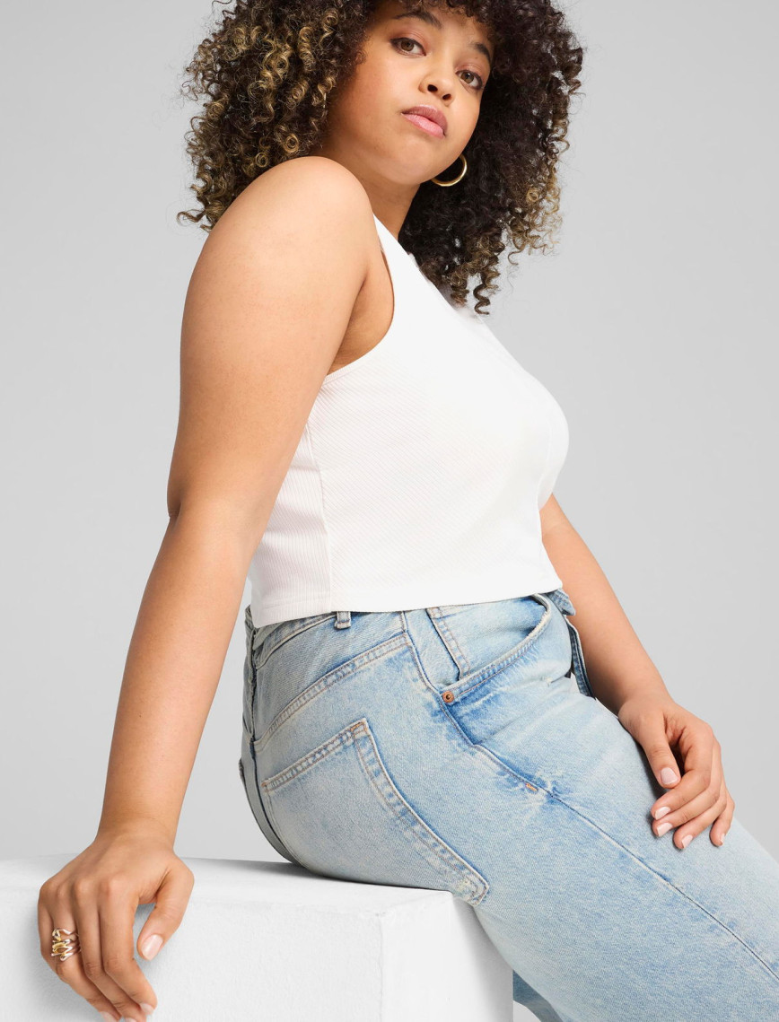 Puma Wardrobe Essentials Ribbed Crop Top Kadın Beyaz Atlet